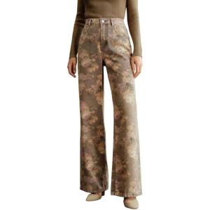 image:imageCHARTOU Women Vintage Floral Jeans Baggy High Waisted Denim Flared Wide Leg Pants with PocketsBrown