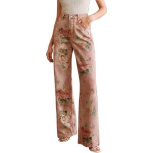 image:imageCHARTOU Women Vintage Floral Jeans Baggy High Waisted Denim Flared Wide Leg Pants with PocketsPink