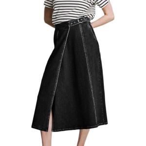 image:imageCHARTOU Women Wrap Jean Skirt High Waist Buckle Side Slit A Line Patchwork Denim Midi Long SkirtBlack