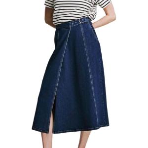 image:imageCHARTOU Women Wrap Jean Skirt High Waist Buckle Side Slit A Line Patchwork Denim Midi Long SkirtDark Blue