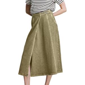 image:imageCHARTOU Women Wrap Jean Skirt High Waist Buckle Side Slit A Line Patchwork Denim Midi Long SkirtGreen