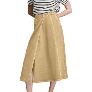 image:imageCHARTOU Women Wrap Jean Skirt High Waist Buckle Side Slit A Line Patchwork Denim Midi Long SkirtKhaki