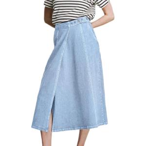 image:imageCHARTOU Women Wrap Jean Skirt High Waist Buckle Side Slit A Line Patchwork Denim Midi Long SkirtLight Blue