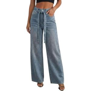 image:imageCHARTOU Women Y2k Rhinestone Jeans Baggy Wide Leg Jeans Sparkly Glitter High Waist Denim Pants with BeltLight Blue