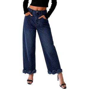 image:imageCHARTOU Womens Ruffled Frayed Barrel Jeans High Waisted Baggy Wide Leg Polka Dot Jeans Casual Loose Fit Denim PantsDark Blue