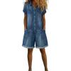 image:imageCHARTOU Summer Denim Romper for Women Baggy Wide Leg Jeans Jumpsuit Short Sleeve Button Down Shirt RomperBlue