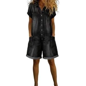image:imageCHARTOU Summer Denim Romper for Women Baggy Wide Leg Jeans Jumpsuit Short Sleeve Button Down Shirt RomperBlack
