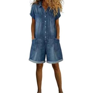 image:imageCHARTOU Summer Denim Romper for Women Baggy Wide Leg Jeans Jumpsuit Short Sleeve Button Down Shirt RomperBlue
