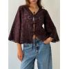 image:imageCHARTOU Lace Eyelet Bow Tie Front Tops for Women Summer Cute Crop Shirt 34 Bell Sleeve Embroidered BlouseChestnut