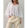 image:imageCHARTOU Lace Eyelet Bow Tie Front Tops for Women Summer Cute Crop Shirt 34 Bell Sleeve Embroidered BlouseWhite