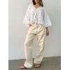 image:imageCHARTOU Lace Eyelet Bow Tie Front Tops for Women Summer Cute Crop Shirt 34 Bell Sleeve Embroidered BlouseWhite