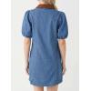image:imageCHARTOU Women Summer Denim Midi Dress Lapel Button Down Puff Short Sleeve Shirt Jean Dress with PocketsBlue