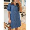 image:imageCHARTOU Women Summer Denim Midi Dress Lapel Button Down Puff Short Sleeve Shirt Jean Dress with PocketsBlue