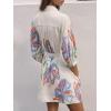 image:imageCHARTOU Women Summer Floral Short Dress Belted Lantern 34 Sleeve Button Down Shirt Dress with PocketsWhite