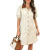 image:imageCHARTOU Women Summer Denim Midi Dress Lapel Button Down Puff Short Sleeve Shirt Jean Dress with PocketsBeige