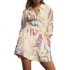 image:imageCHARTOU Women Summer Floral Short Dress Belted Lantern 34 Sleeve Button Down Shirt Dress with PocketsWhite