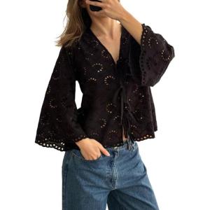 image:imageCHARTOU Lace Eyelet Bow Tie Front Tops for Women Summer Cute Crop Shirt 34 Bell Sleeve Embroidered BlouseBlack