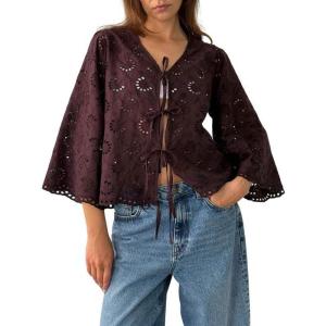 image:imageCHARTOU Lace Eyelet Bow Tie Front Tops for Women Summer Cute Crop Shirt 34 Bell Sleeve Embroidered BlouseChestnut