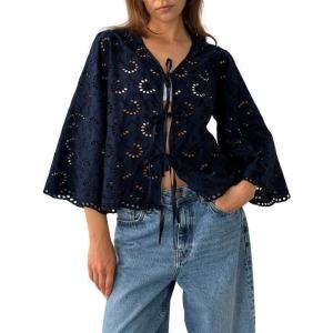 image:imageCHARTOU Lace Eyelet Bow Tie Front Tops for Women Summer Cute Crop Shirt 34 Bell Sleeve Embroidered BlouseNavy