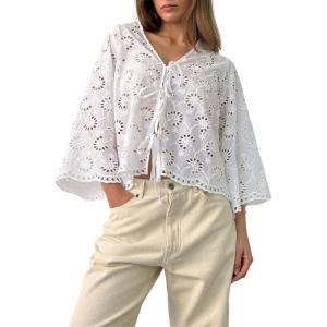 image:imageCHARTOU Lace Eyelet Bow Tie Front Tops for Women Summer Cute Crop Shirt 34 Bell Sleeve Embroidered BlouseWhite