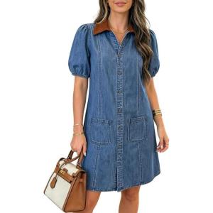 image:imageCHARTOU Women Summer Denim Midi Dress Lapel Button Down Puff Short Sleeve Shirt Jean Dress with PocketsBlue