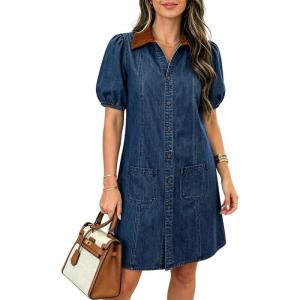 image:imageCHARTOU Women Summer Denim Midi Dress Lapel Button Down Puff Short Sleeve Shirt Jean Dress with PocketsDark Blue