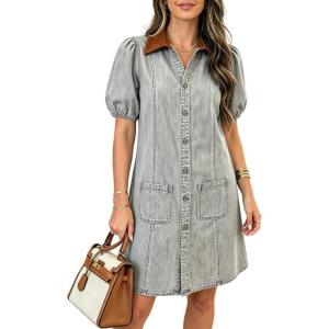 image:imageCHARTOU Women Summer Denim Midi Dress Lapel Button Down Puff Short Sleeve Shirt Jean Dress with PocketsGrey