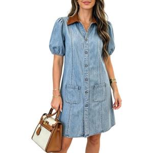 image:imageCHARTOU Women Summer Denim Midi Dress Lapel Button Down Puff Short Sleeve Shirt Jean Dress with PocketsLight Blue
