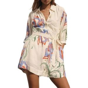 image:imageCHARTOU Women Summer Floral Short Dress Belted Lantern 34 Sleeve Button Down Shirt Dress with PocketsWhite