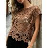 image:imageCHARTOU Women Floral Lace Summer Top Cap Short Sleeve Side Tie Mesh Tank Top Swimsuit Cover UpCoffee