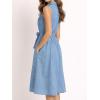 image:imageCHARTOU Women Summer Midi Denim Dress Flowy Collared Button Down Belted Jean Shirt Dress with PocketsBlue