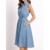 image:imageCHARTOU Women Summer Midi Denim Dress Flowy Collared Button Down Belted Jean Shirt Dress with PocketsBlue