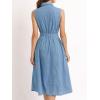 image:imageCHARTOU Women Summer Midi Denim Dress Flowy Collared Button Down Belted Jean Shirt Dress with PocketsBlue