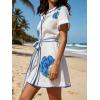image:imageCHARTOU Womens Floral Linen Button Down Wrap Tie Knot Boho Beach Shirt Dress with BeltWhite
