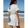 image:imageCHARTOU Womens Floral Linen Button Down Wrap Tie Knot Boho Beach Shirt Dress with BeltWhite