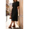 image:imageCHARTOU Womens Summer Casual Midi Dress Button Down Belted Shirt Dresses with Pockets Short Sleeve Cotton Maxi DressBlack