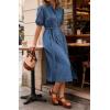 image:imageCHARTOU Womens Summer Casual Midi Dress Button Down Belted Shirt Dresses with Pockets Short Sleeve Cotton Maxi DressBlue