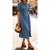 image:imageCHARTOU Womens Summer Casual Midi Dress Button Down Belted Shirt Dresses with Pockets Short Sleeve Cotton Maxi DressBlue