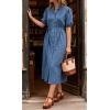 image:imageCHARTOU Womens Summer Casual Midi Dress Button Down Belted Shirt Dresses with Pockets Short Sleeve Cotton Maxi DressBlue