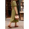 image:imageCHARTOU Womens Summer Casual Midi Dress Button Down Belted Shirt Dresses with Pockets Short Sleeve Cotton Maxi DressGreen