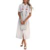 image:imageCHARTOU Floral Embroidered Midi Long Shirt Dresses for Women Summer Puff Sleeve Button Down DressWhite