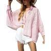 image:imageCHARTOU Women Eyelet Striped Shirt Top Embroidered Floral Boho Button Down Batwing Long Sleeve BlousePink