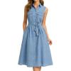 image:imageCHARTOU Women Summer Midi Denim Dress Flowy Collared Button Down Belted Jean Shirt Dress with PocketsBlue