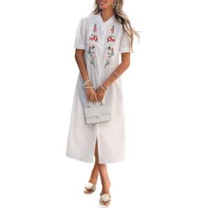 image:imageCHARTOU Floral Embroidered Midi Long Shirt Dresses for Women Summer Puff Sleeve Button Down DressWhite