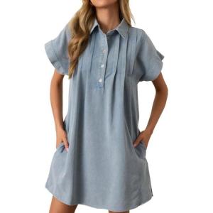 image:imageCHARTOU Women Button Front Denim Shirt Dress Cap Sleeve Collared Short Jean Dress with PocketsBlue