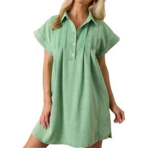image:imageCHARTOU Women Button Front Denim Shirt Dress Cap Sleeve Collared Short Jean Dress with PocketsGreen
