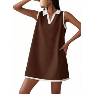 image:imageCHARTOU Women Causal Loose Fit Tennis Golf Mini Dress Summer Sleeveless Tunic Shirt Dress with PocketsBrown