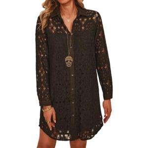 image:imageCHARTOU Women Floral Lace Eyelet Dress Summer Casual Loose Button Down Shirt Mini DressesBlack