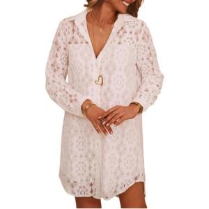 image:imageCHARTOU Women Floral Lace Eyelet Dress Summer Casual Loose Button Down Shirt Mini DressesWhite