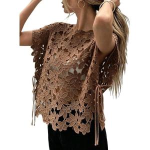 image:imageCHARTOU Women Floral Lace Summer Top Cap Short Sleeve Side Tie Mesh Tank Top Swimsuit Cover UpCoffee
